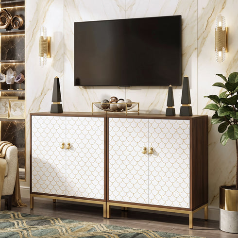 TTGIEET 32" Sideboard Buffet Cabinet with Storage, Wooden Storage Cabinet w/Line Design, Doors & Adjustable Shelves, Coffee Bar Buffet Table Credenza for Dining Living Room Entryway