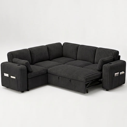 TTGIEET 5-Seater L-Shaped Reversible Sectional Sleeper Sofa, Pull-Out Sofa Bed with Storage & Cup Holders & Adjustable Backrest, Corduroy Couch for Living Room