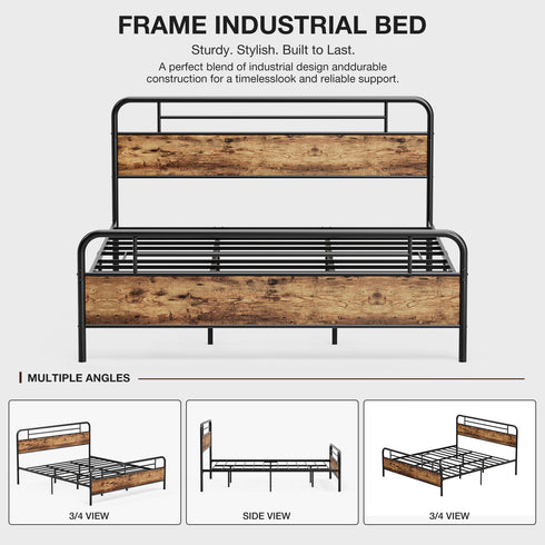 TTGIEET California King Metal Bed Frame w/Wooden Headboard, Footboard, Heavy Duty Steel Slats, Farmhouse Platform Bed Frame w/12" Under Bed Storage, No Box Spring Needed（Rustic Brown）