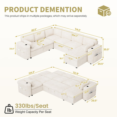 TTGIEET 7-Seater U-Shaped Sectional Sleeper Sofa, Reversible Pull-Out Sofa Bed with Storage & Cup Holders, Corduroy Couch for Living Room