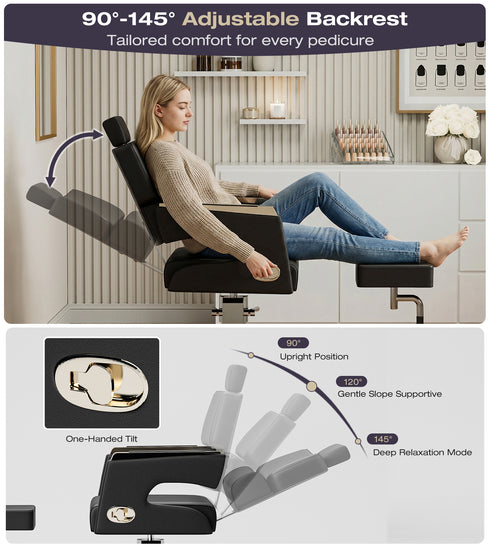 TTGIEET Black Hydraulic Pedicure Chair for Nail Tech with Adjustable Footrest, 360 Swivel, No Plumbing for Salon
