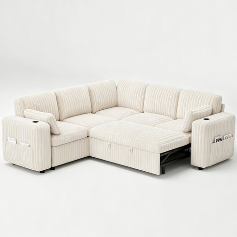TTGIEET 5-Seater L-Shaped Reversible Sectional Sleeper Sofa, Pull-Out Sofa Bed with Storage & Cup Holders & Adjustable Backrest, Corduroy Couch for Living Room