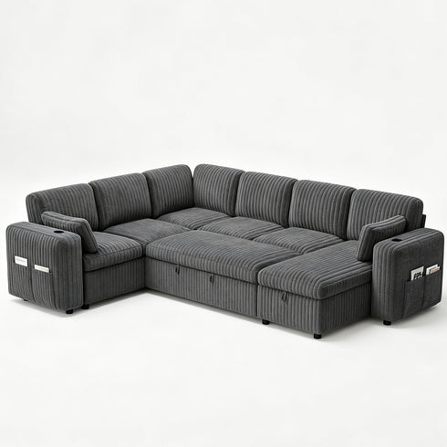 TTGIEET 7-Seater U-Shaped Sectional Sleeper Sofa, Reversible Pull-Out Sofa Bed with Storage & Cup Holders, Corduroy Couch for Living Room