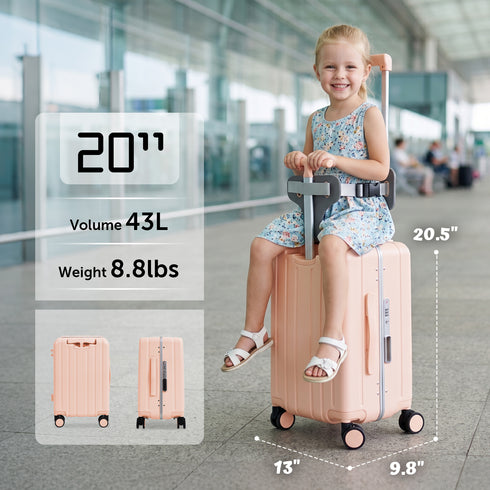 TTGIEET 20-Inch Kids Ride-On Suitcase with Seat, Hardshell Carry-On Luggage with TSA Lock and 360°Spinner Wheels, Airline Approved 40L Travel Suitcase