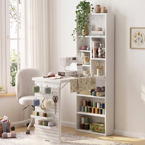 TTGIEET Foldable Sewing Table with Open Side Shelves, 3 Storage Trays& 6 Pegs, Wall-Mount Craft Station & Side Desk for Hobby & Home