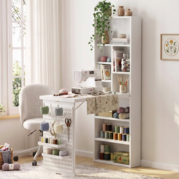 TTGIEET Foldable Sewing Table with Open Side Shelves, 3 Storage Trays& 6 Pegs, Wall-Mount Craft Station & Side Desk for Hobby & Home
