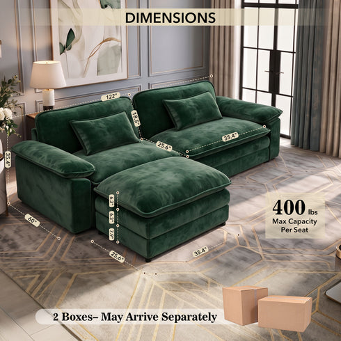 TTGIEET Chenille Cloud Couch L-Shaped, 2-Seat Sofa with Movable Ottoman, Oversized Loveseat Couch for Living Room