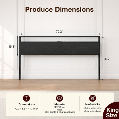 TTGIEET King Size Storage Headboard with LED Lights & Charging Station - Industrial Metal and Wood King Headboard Only for Bedroom, Attach Frame, Easy Assembly - Black