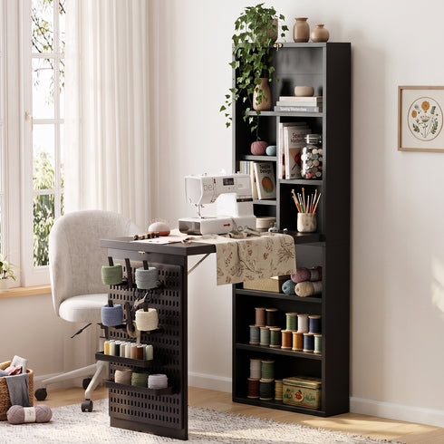 TTGIEET Foldable Sewing Table with Open Side Shelves, 3 Storage Trays& 6 Pegs, Wall-Mount Craft Station & Side Desk for Hobby & Home