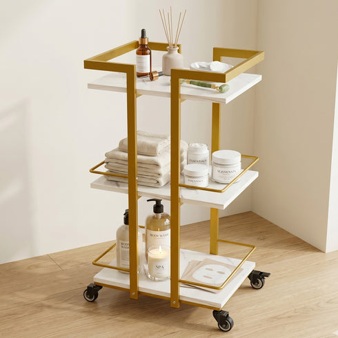 TTGIEET Esthetician Cart with Wheels, 3-Tier Salon Rolling Trolley, Spa Beauty Storage Cart, White & Gold