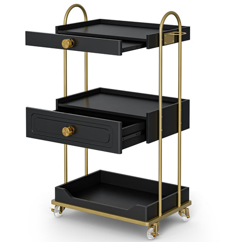 TTGIEET Barber Salon Trolley Cart w/Lockable Wheels, 3-Tier Rolling Beauty Cart with 2 Drawers & Dryer Holder, Mobile Beauty Trolley for Beauty Spa Barbershop