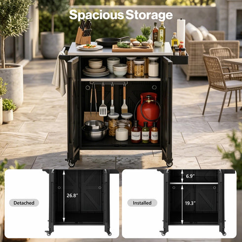 TTGIEET Outdoor Grill Cart with Storage Cabinet, Portable BBQ Prep Station Table Stainless Steel Top, Black with Spice Rack & Waterproof Cover