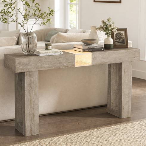 TTGIEET Wooden Console Table with Light, 60-Inch Farmhouse Entryway Table for Entrance, Sofa Table Behind Couch for Living Room