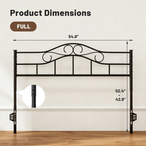 TTGIEET Metal Full Headboard, Adjustable Height, Vintage Iron Scrollwork Design with Bed Frame Brackets Adapter