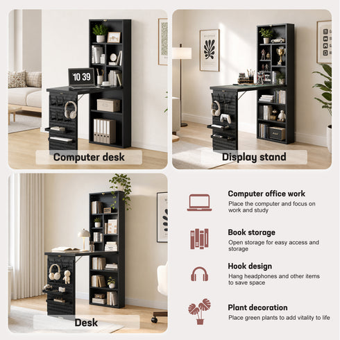 TTGIEET Foldable Sewing Table with Open Side Shelves, 3 Storage Trays& 6 Pegs, Wall-Mount Craft Station & Side Desk for Hobby & Home