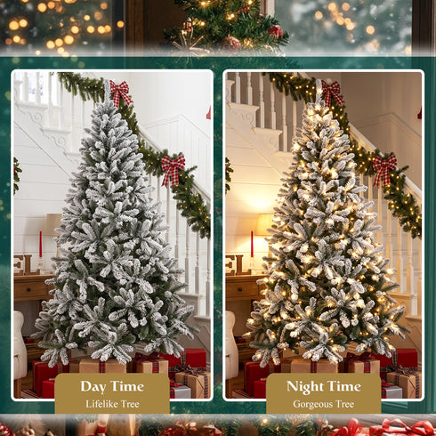 TTGIEET 7.5FT Pre-Lit Flocked Hinged Christmas Tree with 350 Warm Lights