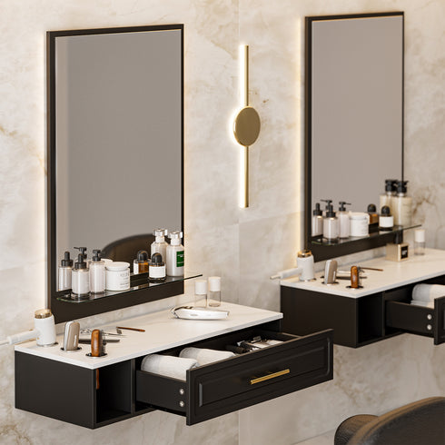 TTGIEET Wall Mount Salon Station with Mirror, Hair Styling Barber Station with 3 Alloy Hair Dryer Holders & 1 Drawer, Beauty Salon Spa Equipment Set for Hair Styling