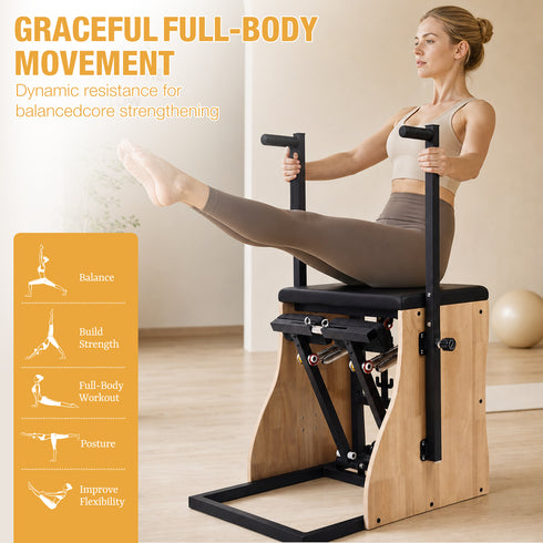 TTGIEET Wood Pilates Reformer Chair with Adjustable Resistance Springs, Split Pedals & Handles, Home Gym Core Trainer for Rehab