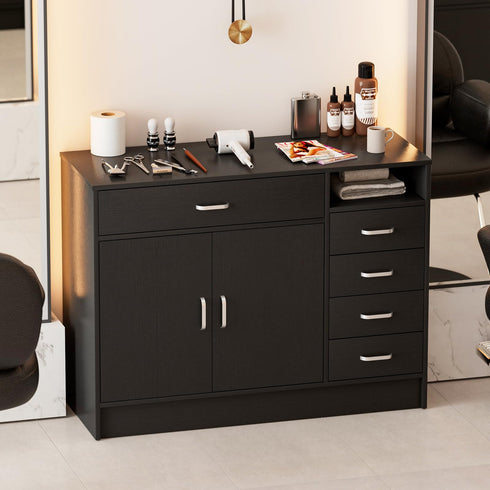 TTGIEET 5-Drawers Salon Furniture Salon Storage Station, Free Standing Cabinet for Hair Stylist, Beauty Spa Furniture w/1 Large Capacity Cabinet & 1 Open Shelf, Spa Bathroom Equipment, Black