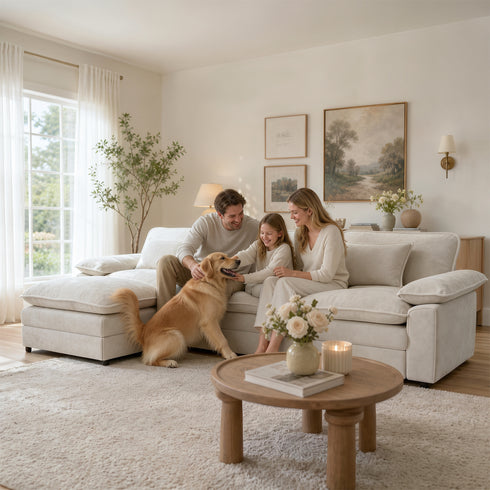 TTGIEET L-Shaped Sectional Sofa, 3-Seat Cloud Couch with Movable Ottoman, Oversized Chenille Sofa for Living Room