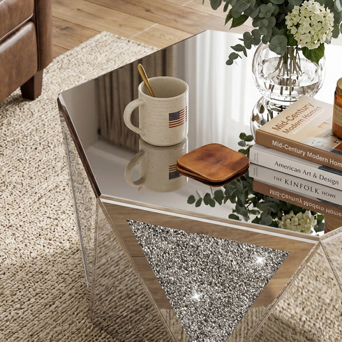 TTGIEET Hexagon Diamond Mirror Coffee Table, Crushed Diamond Finish Art Deco Luxury Centerpiece for Living Room