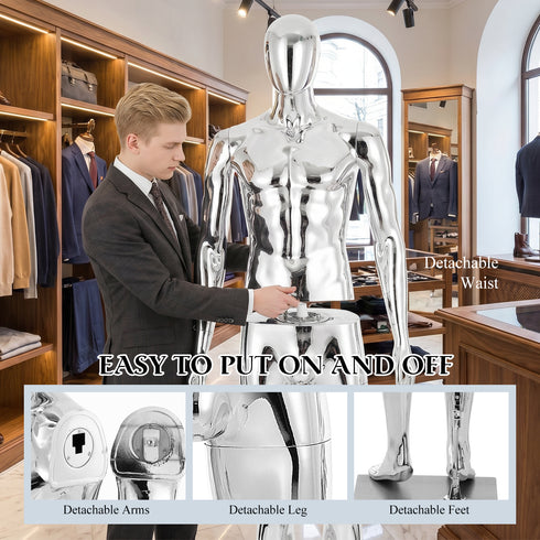 Full-Body Male Mannequin Matte Golden, 6 FT Plastic Man Manequins Stand with Metal Base, Adjustable Head, Flexible Limbs and Detachable Design, Perfect for Clothing Stores