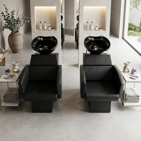 TTGIEET Shampoo Bowl and Chair Set for Salon, Porcelain Tilting Shampoo Sink Station with Adjustable Chair, Backwash Shampoo Station for Hair Salon, Barber Shop, Spa, Black