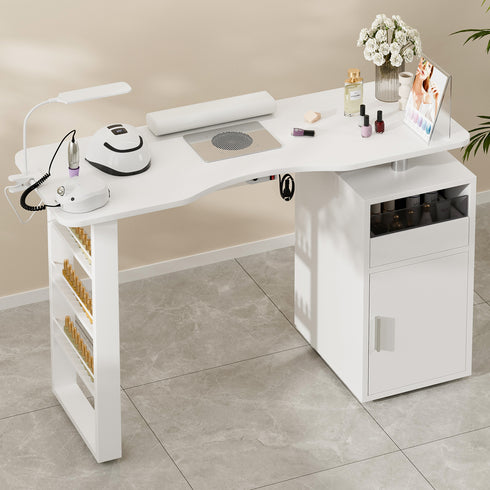 TTGIEET Manicure Table for Nail Tech, Acetone Resistant Nail Desk Station with Dust Collector & LED Lamp, Nail Table with Wrist Cushion, Drawer and Cabinet for Salon, Home Beauty Workstation