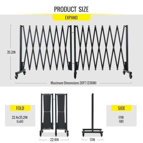 TTGIEET 20FT Expandable Metal Barricade with Lockable Casters, 0-180° Rotatable Foldable Weather Resistant Safety Fence for Patio, Garden, Stairway