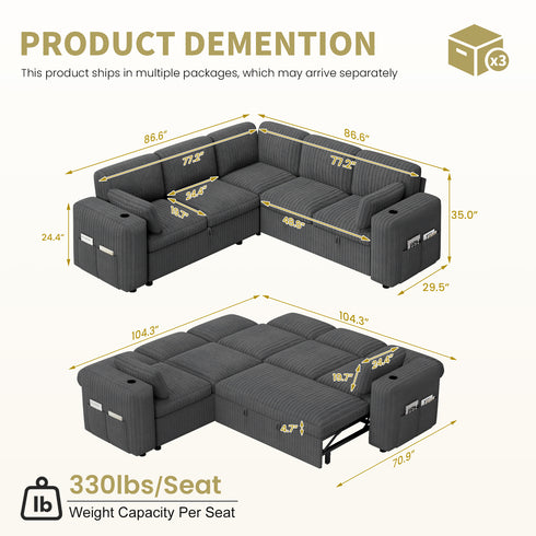 TTGIEET 5-Seater L-Shaped Reversible Sectional Sleeper Sofa, Pull-Out Sofa Bed with Storage & Cup Holders & Adjustable Backrest, Corduroy Couch for Living Room