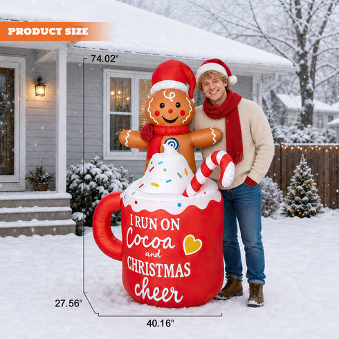 TTGIEET 6FT Inflatable Gingerbread Man in Hot Cocoa Mug with 6 LED Lights – Outdoor Christmas Yard Decoration for Garden, Lawn & Holiday Parties