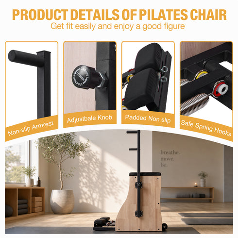 TTGIEET Wood Pilates Reformer Chair with Adjustable Resistance Springs, Split Pedals & Handles, Home Gym Core Trainer for Rehab