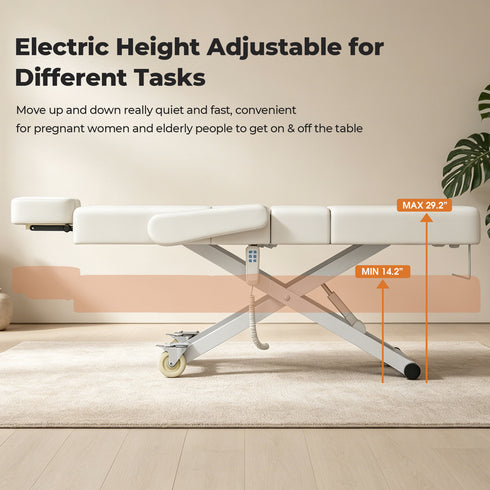 TTGIEET 3-Motor Fully Electric Massage Table, Professional Esthetician Bed with Foot Pedal & Remote Control, Height Adjustable Facial Bed with Face Cradle, Rolling Wheels, 550 lbs Capacity, White
