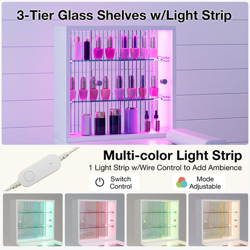 TTGIEET Manicure Table with LED Light, Glass Shelf Door Nail Desk with Dust Collector & Storage Shelves, Nail Tech Table with 2 Drawers & Cabinet for Technician Workstation