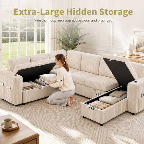 TTGIEET 7-Seater U-Shaped Sectional Sleeper Sofa, Reversible Pull-Out Sofa Bed with Storage & Cup Holders, Corduroy Couch for Living Room