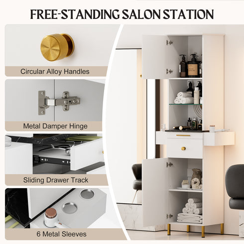 TTGIEET Salon Stations for Hair Stylist, Barber Station w/Glass Shelf & Golden Handles, Hair Salon Station Beauty Salon Spa Equipment w/6 Hair Dryer Holders, 2 Storage Cabinet & Drawers