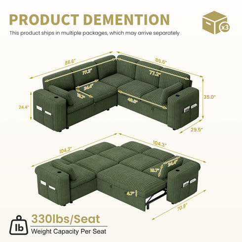 TTGIEET 5-Seater L-Shaped Reversible Sectional Sleeper Sofa, Pull-Out Sofa Bed with Storage & Cup Holders & Adjustable Backrest, Corduroy Couch for Living Room