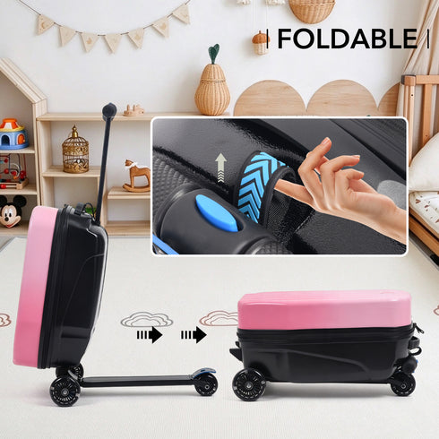 TTGIEET Kids Scooter Luggage, 20 Inch Foldable Ride-On Suitcase with LED Wheels, 40L Capacity, Adjustable Handlebar