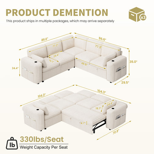 TTGIEET 5-Seater L-Shaped Reversible Sectional Sleeper Sofa, Pull-Out Sofa Bed with Storage & Cup Holders & Adjustable Backrest, Corduroy Couch for Living Room