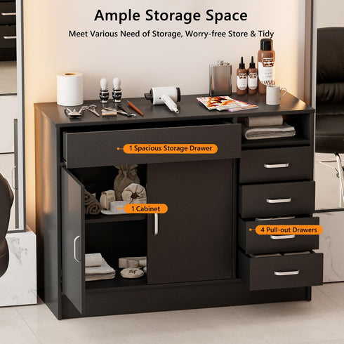 TTGIEET 5-Drawers Salon Furniture Salon Storage Station, Free Standing Cabinet for Hair Stylist, Beauty Spa Furniture w/1 Large Capacity Cabinet & 1 Open Shelf, Spa Bathroom Equipment, Black