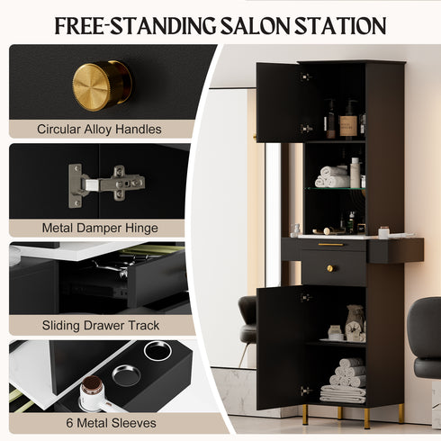 TTGIEET Salon Stations for Hair Stylist, Barber Station w/Glass Shelf & Golden Handles, Hair Salon Station Beauty Salon Spa Equipment w/6 Hair Dryer Holders, 2 Storage Cabinet & Drawers