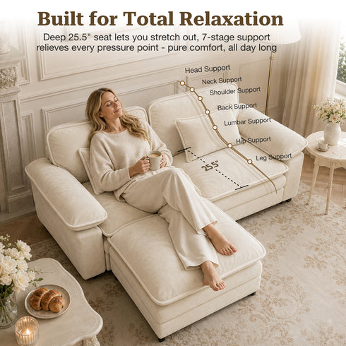 TTGIEET Loveseat with Chaise Ottoman, L-Shaped Chenille Cloud Couch for Living Room