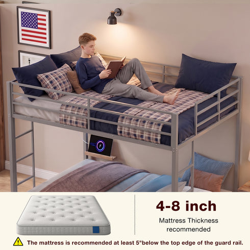 TTGIEET Full Metal Bunk Bed Frame w/ LED & USB Ports, Dual Guardrails, 2 Ladders, Heavy-Duty