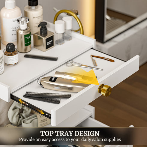 TTGIEET Barber Salon Trolley Cart w/Lockable Wheels, 3-Tier Rolling Beauty Cart with 2 Drawers & Dryer Holder, Mobile Beauty Trolley for Beauty Spa Barbershop