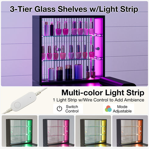 TTGIEET Manicure Table with LED Light, Glass Shelf Door Nail Desk with Dust Collector & Storage Shelves, Nail Tech Table with 2 Drawers & Cabinet for Technician Workstation