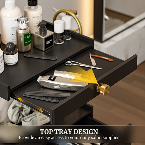 TTGIEET Barber Salon Trolley Cart w/Lockable Wheels, 3-Tier Rolling Beauty Cart with 2 Drawers & Dryer Holder, Mobile Beauty Trolley for Beauty Spa Barbershop