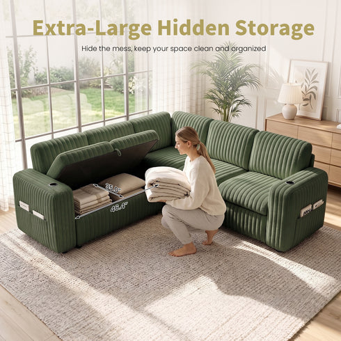 TTGIEET 5-Seater L-Shaped Reversible Sectional Sleeper Sofa, Pull-Out Sofa Bed with Storage & Cup Holders & Adjustable Backrest, Corduroy Couch for Living Room