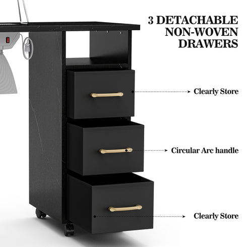 TTGIEET Manicure Table Nail Station with Power Outlets, Marble Grained Nail Tech Table Nail Table Station w/Dust Collector, Non-Woven Drawers, Desk Lamp & Wrist Cushion