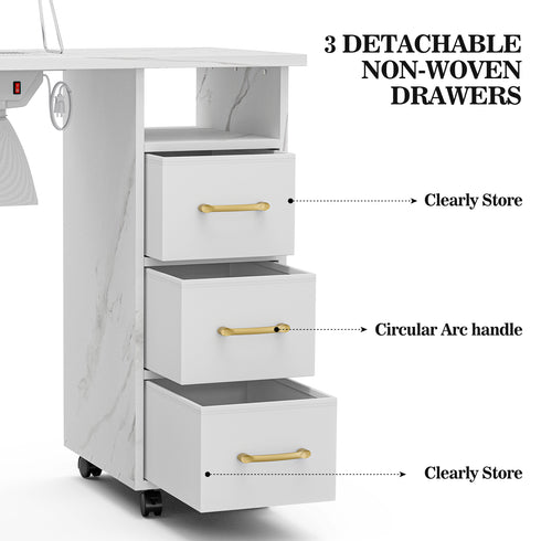 TTGIEET Manicure Table Nail Station with Power Outlets, Marble Grained Nail Tech Table Nail Table Station w/Dust Collector, Non-Woven Drawers, Desk Lamp & Wrist Cushion