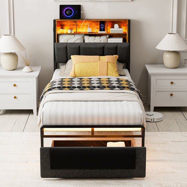 TTGIEET Twin XL Upholstered Bed Frame w/ Storage Headboard, Drawer, Charging & LED, Dark Grey, No Box Spring